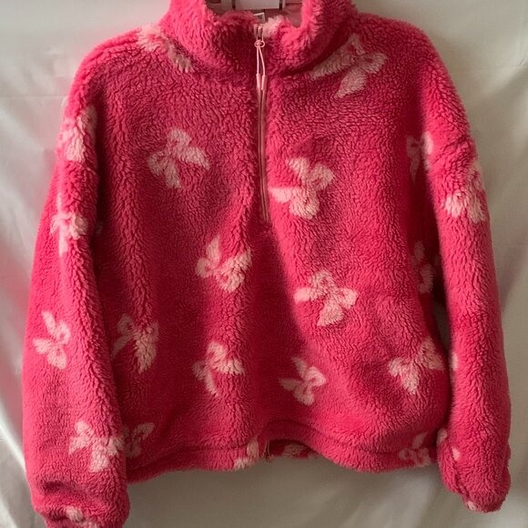 BEACH RIOT Leona Slopes Pink Bows Sherpa Quarter-Zip Pullover Sz MEDIUM - Picture 2 of 8